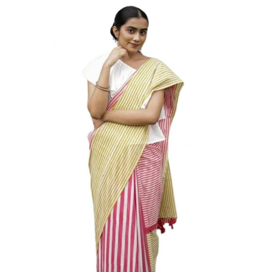 Women's Linen Printed Saree With Unstitched Blouse 5.5m (Yellow)