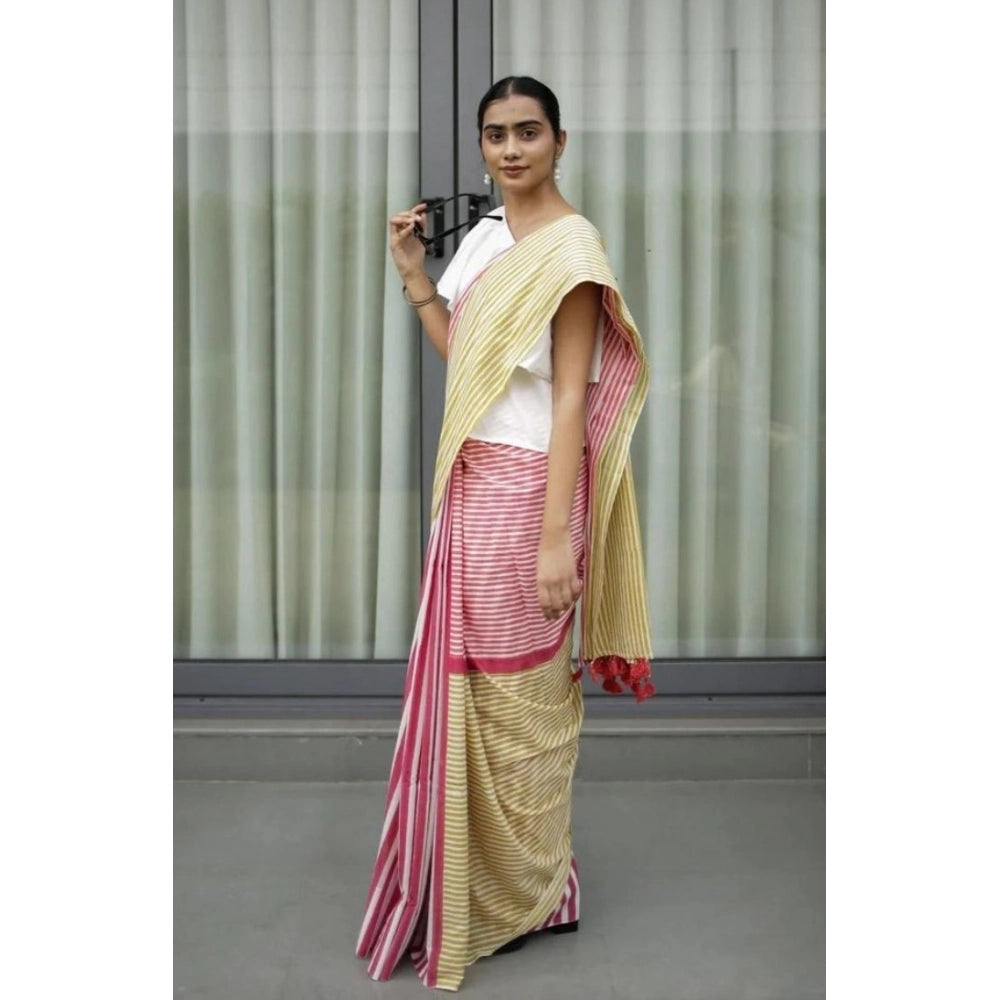 Women's Linen Printed Saree With Unstitched Blouse 5.5 Mtr (Yellow)