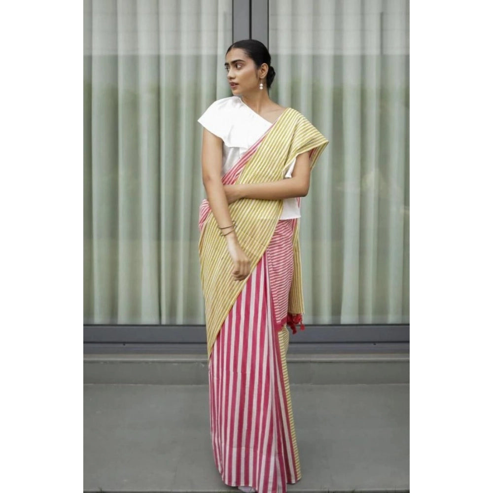 Women's Linen Printed Saree With Unstitched Blouse 5.5 Mtr (Yellow)