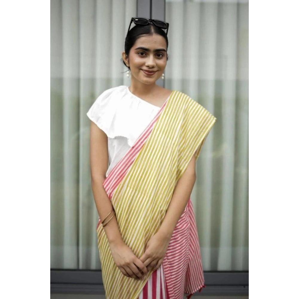 Women's Linen Printed Saree With Unstitched Blouse 5.5 Mtr (Yellow)