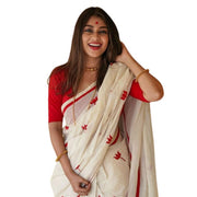 Women's Linen Printed Saree With Unstitched Blouse 5.5 Mtr (White)