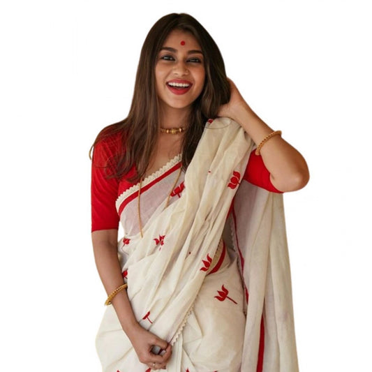 Women's Linen Printed Saree With Unstitched Blouse 5.5m (White)