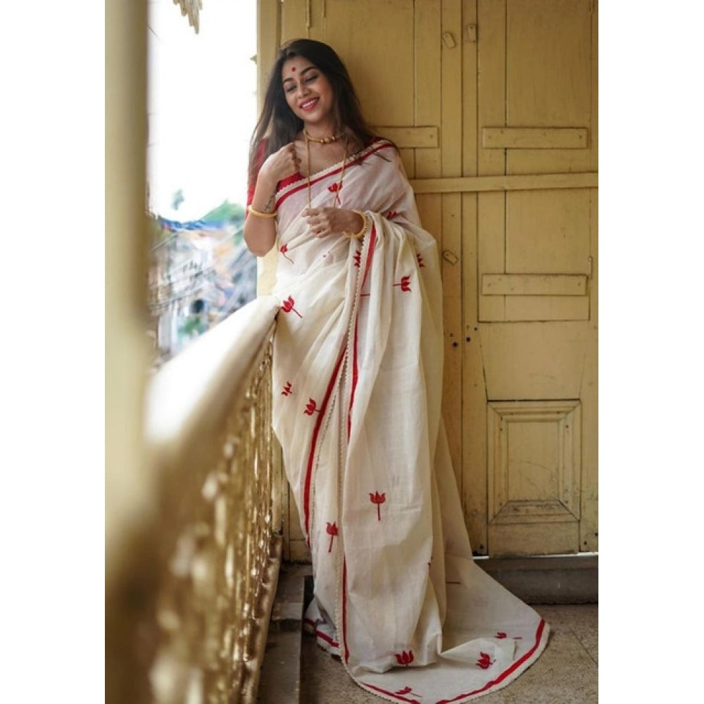 Women's Linen Printed Saree With Unstitched Blouse 5.5 Mtr (White)