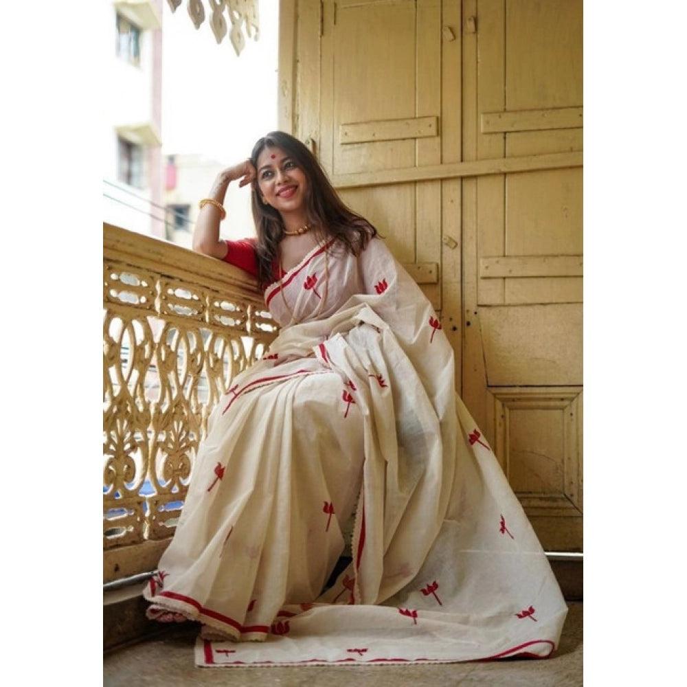 Women's Linen Printed Saree With Unstitched Blouse 5.5 Mtr (White)