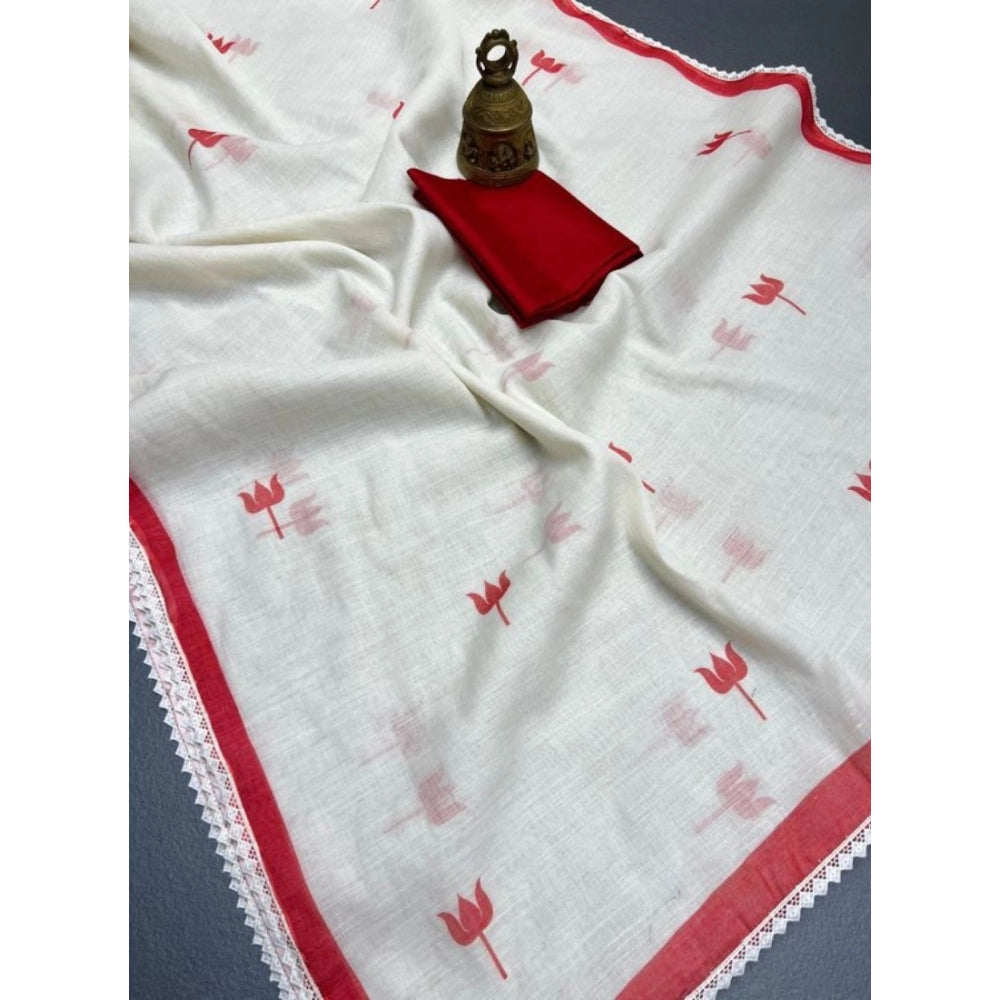 Women's Linen Printed Saree With Unstitched Blouse 5.5 Mtr (White)