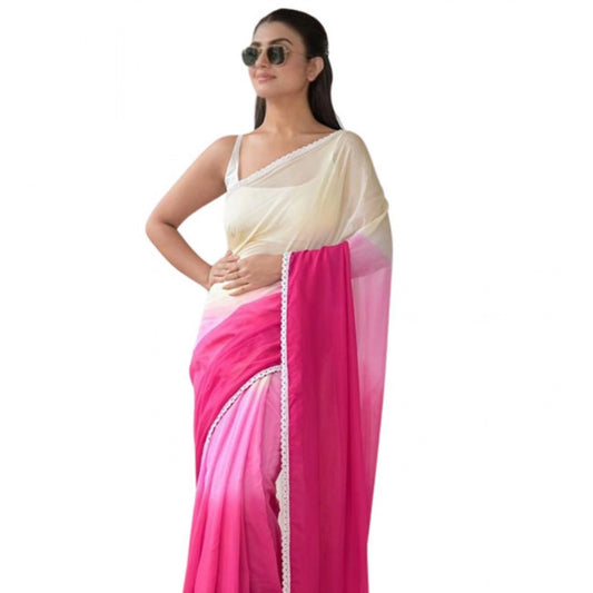 Women's Linen Printed Saree With Unstitched Blouse 5.5m (Pink)