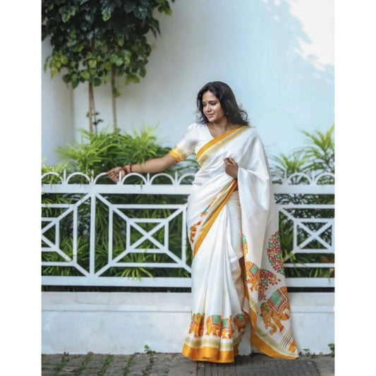Women's Linen Printed Saree With Unstitched Blouse 5.5m (White)