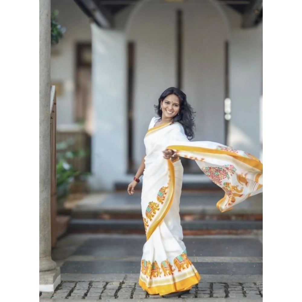Women's Linen Printed Saree With Unstitched Blouse 5.5 Mtr (White)