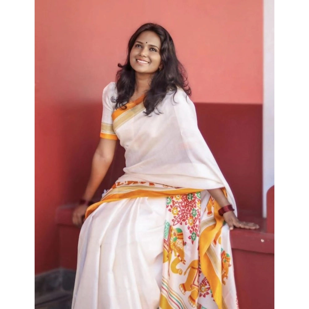 Women's Linen Printed Saree With Unstitched Blouse 5.5 Mtr (White)