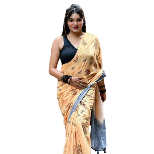 Women's Linen Printed Saree With Unstitched Blouse 5.5m (Peach)