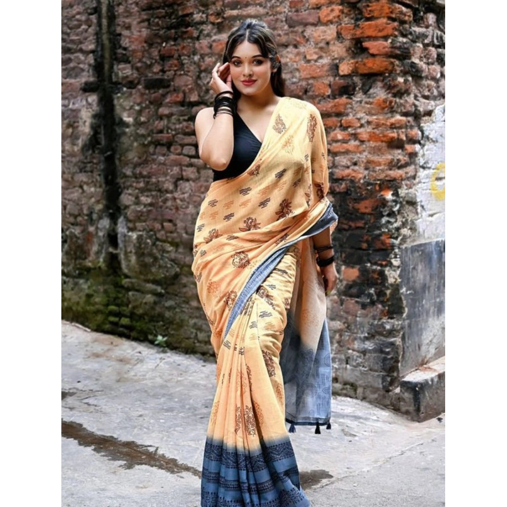 Women's Linen Printed Saree With Unstitched Blouse 5.5 Mtr (Peach)