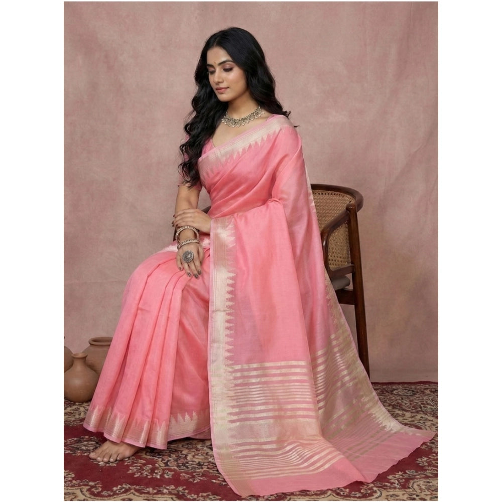 Women's Cotton Printed Saree With Unstitched Blouse 5.5 Mtr (Coral Pink)