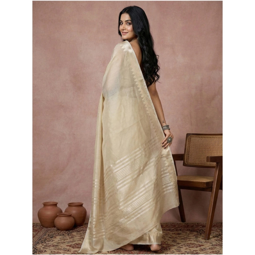 Women's Cotton Printed Saree With Unstitched Blouse 5.5 Mtr (Cream)