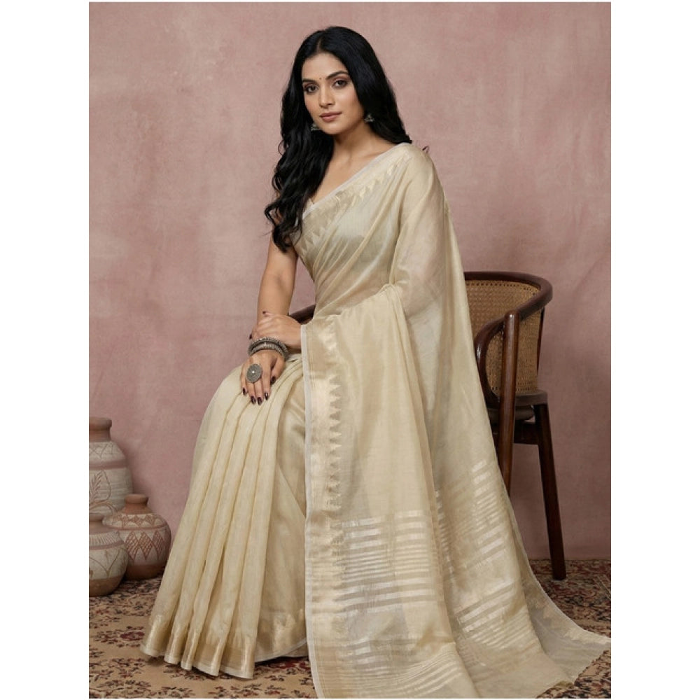 Women's Cotton Printed Saree With Unstitched Blouse 5.5 Mtr (Cream)