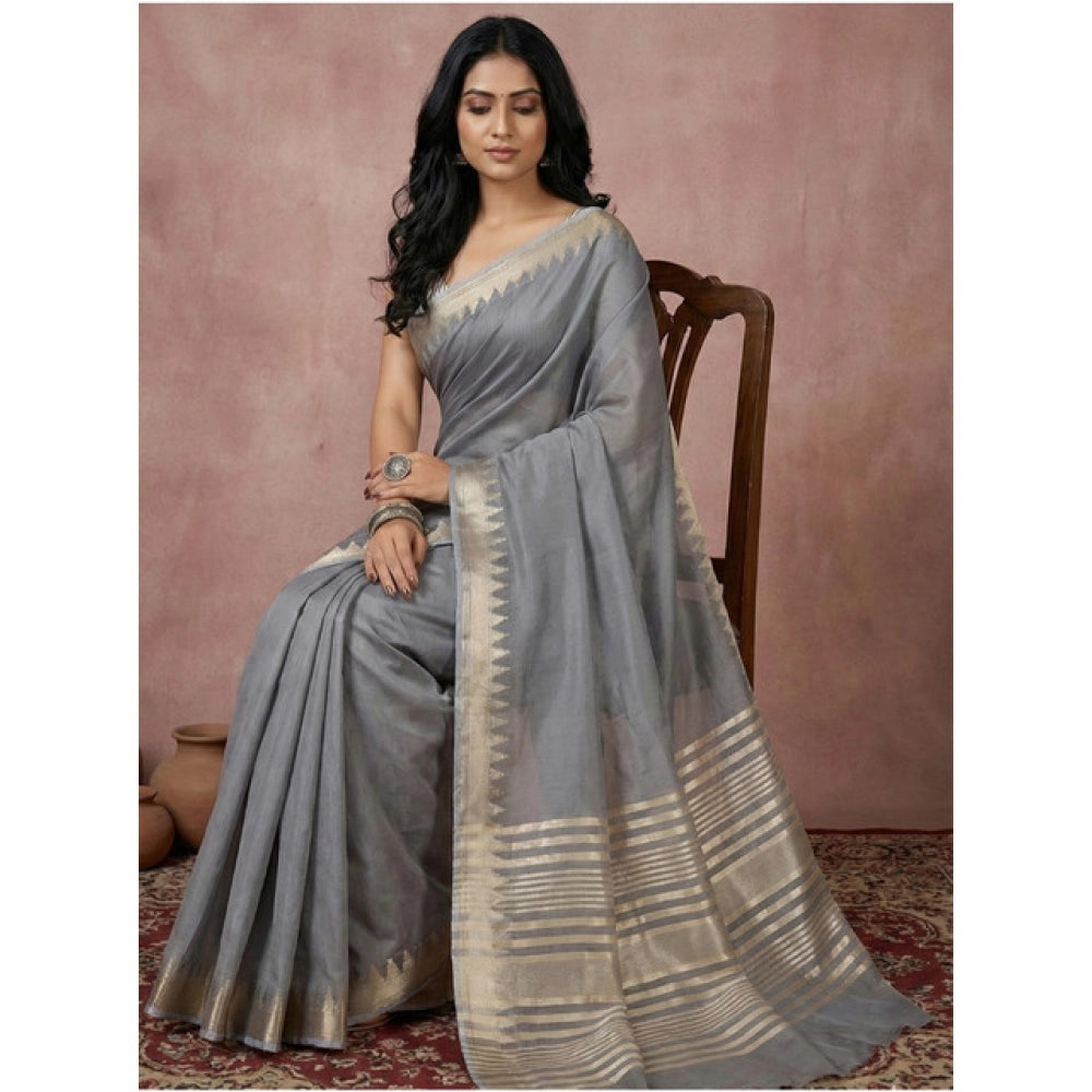 Women's Cotton Printed Saree With Unstitched Blouse 5.5 Mtr (Gray)