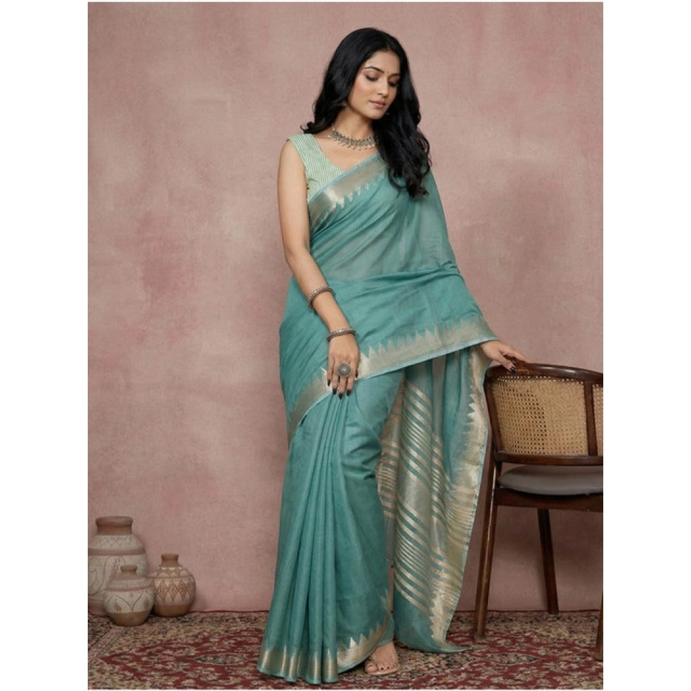 Women's Cotton Printed Saree With Unstitched Blouse 5.5 Mtr (Teal)