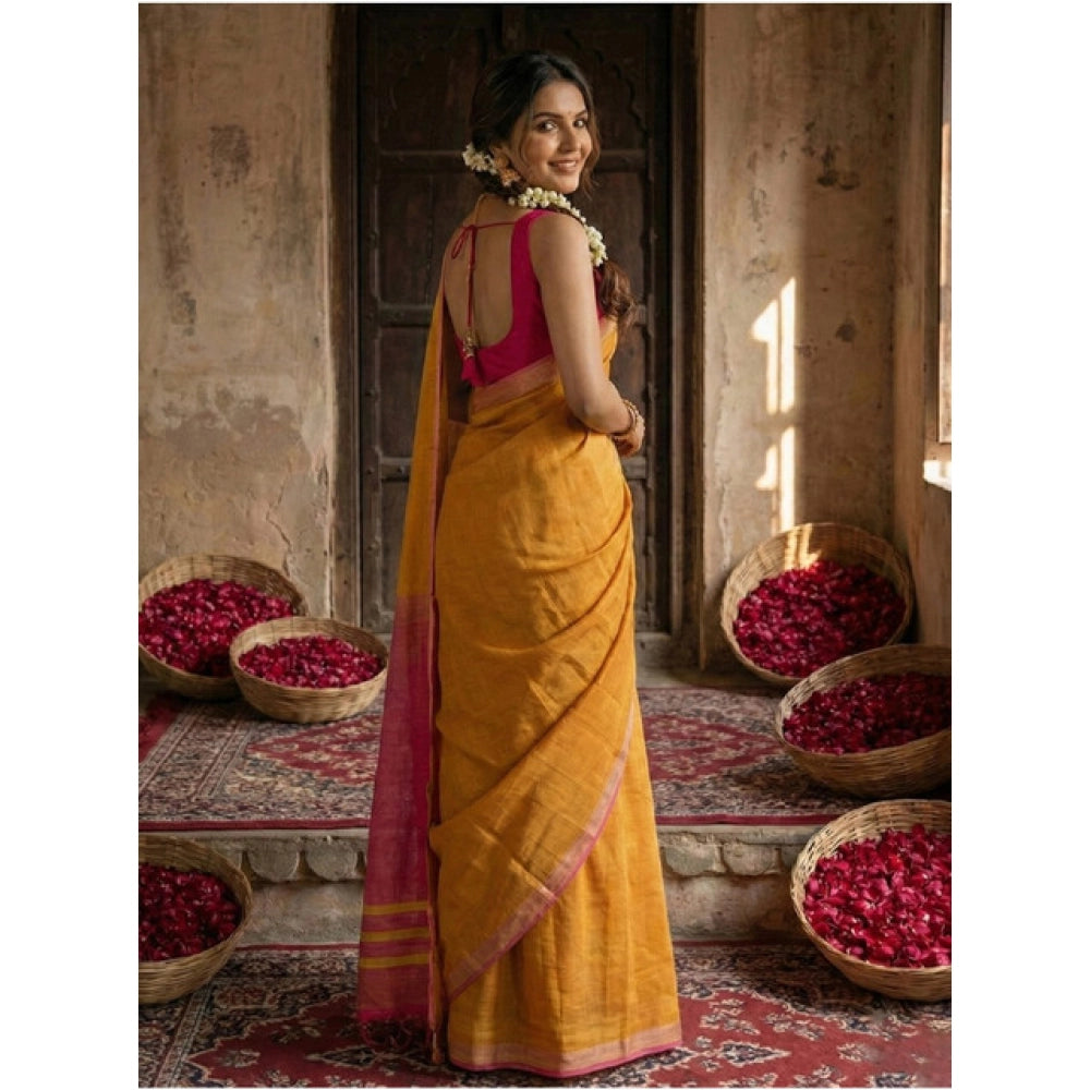 Women's Cotton Printed Saree With Unstitched Blouse 5.5 Mtr (Yellow)