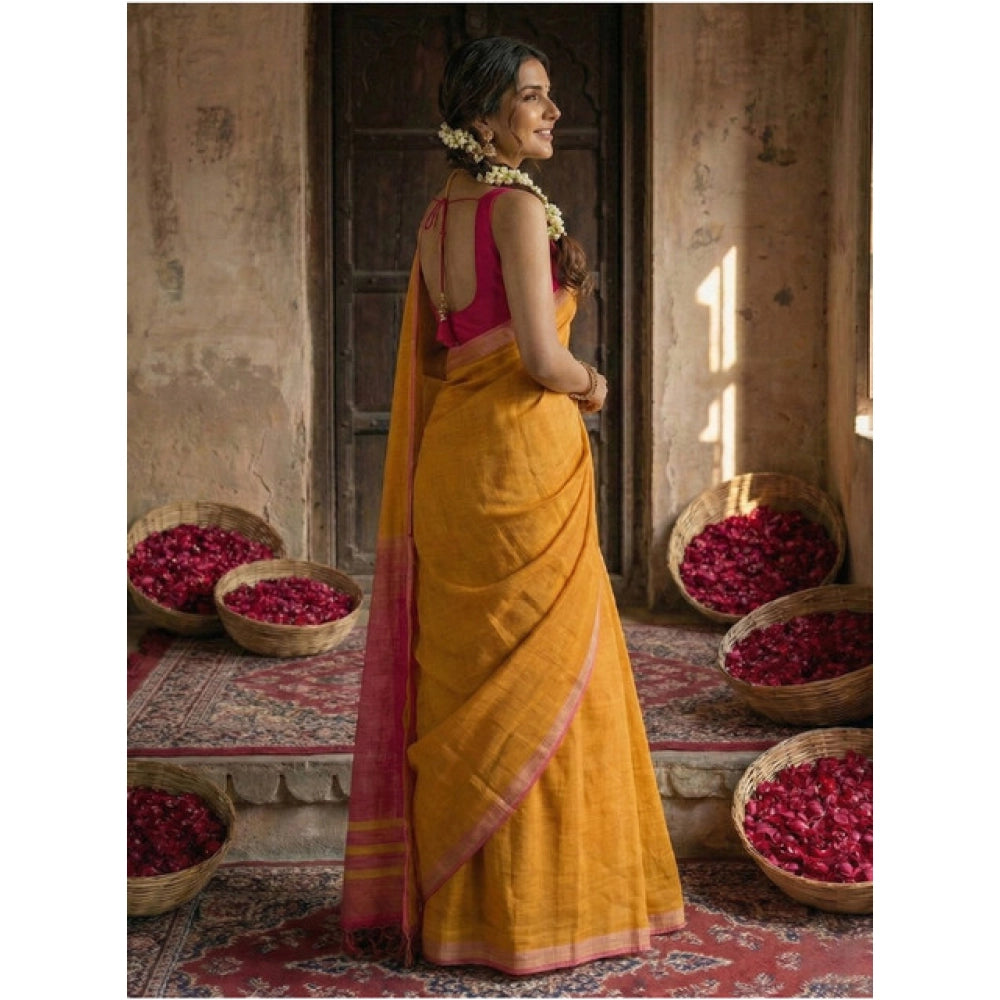 Women's Cotton Printed Saree With Unstitched Blouse 5.5 Mtr (Yellow)