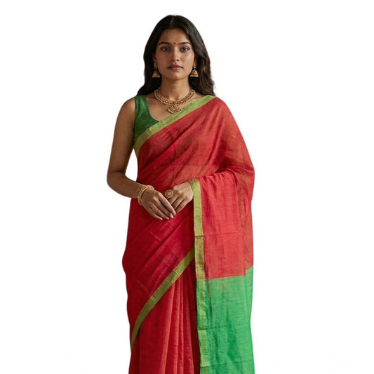 Women's Cotton Printed Saree With Unstitched Blouse 5.5m (Red)