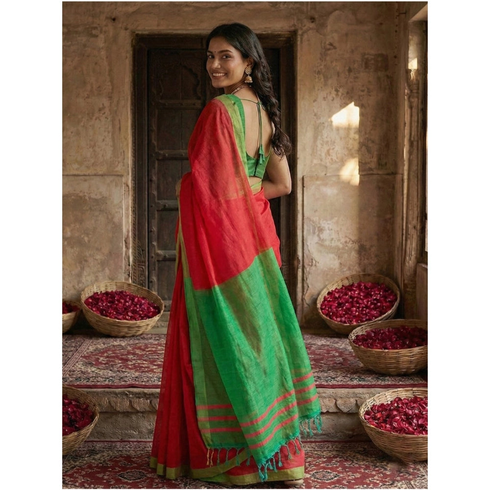 Women's Cotton Printed Saree With Unstitched Blouse 5.5 Mtr (Red)