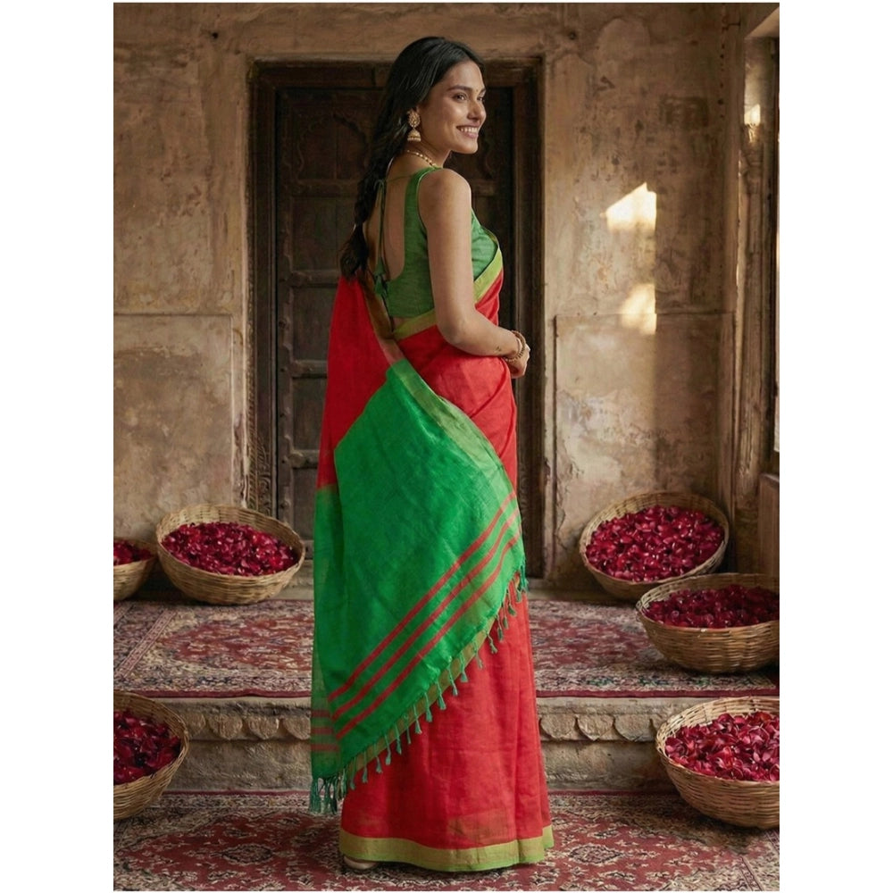 Women's Cotton Printed Saree With Unstitched Blouse 5.5 Mtr (Red)