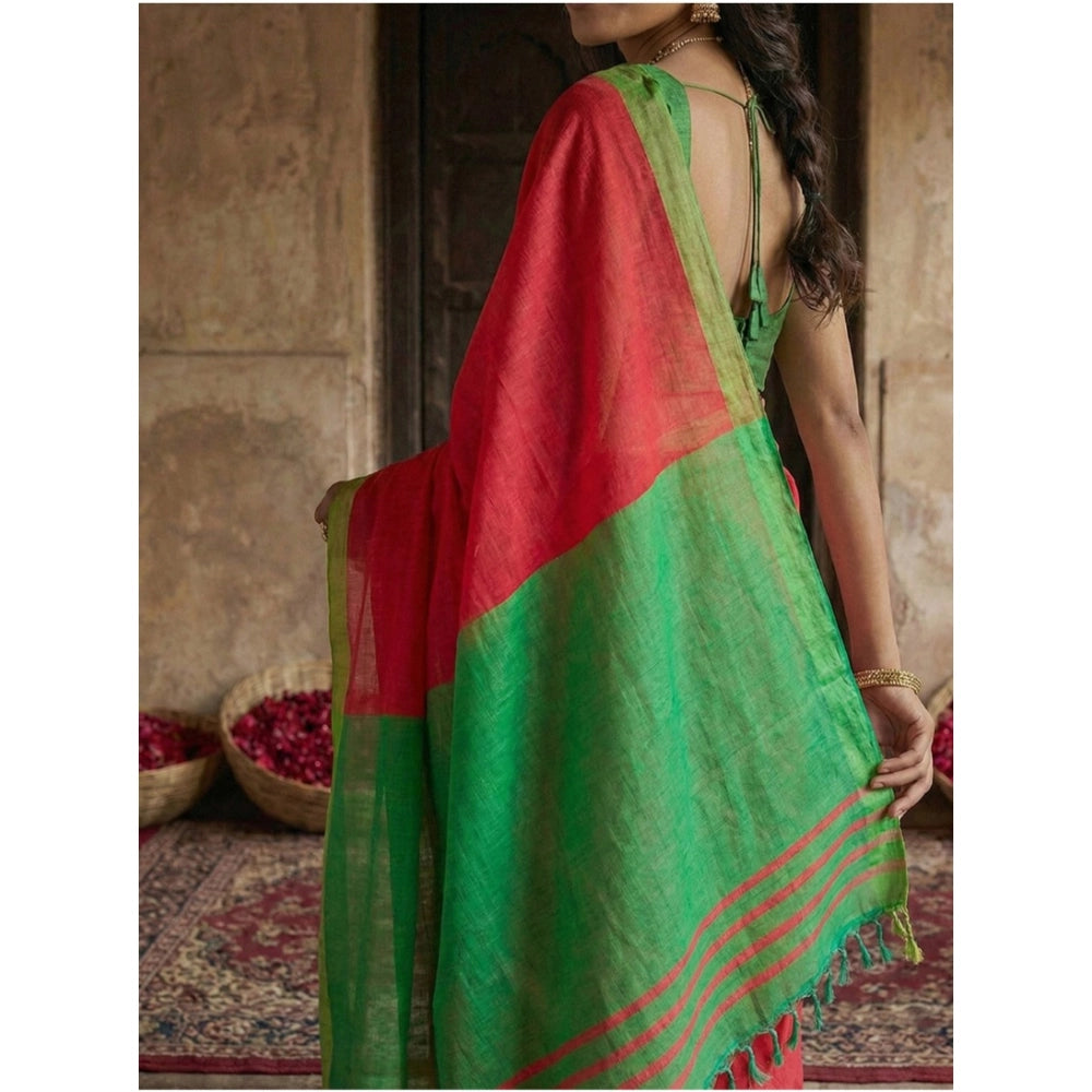 Women's Cotton Printed Saree With Unstitched Blouse 5.5 Mtr (Red)