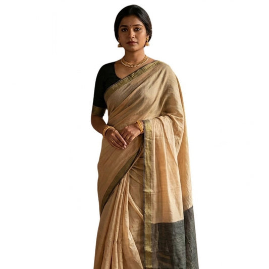 Women's Cotton Printed Saree With Unstitched Blouse 5.5m (Beige)