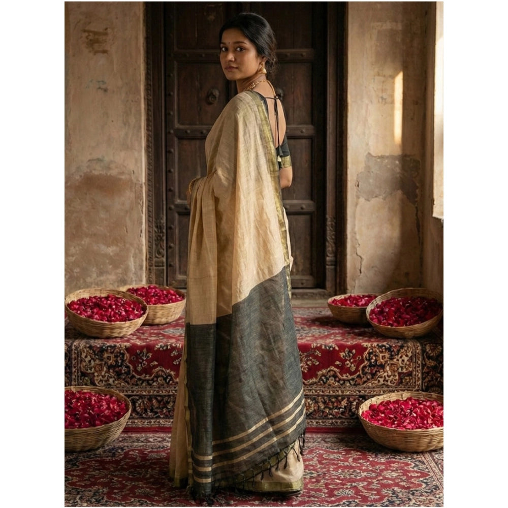Women's Cotton Printed Saree With Unstitched Blouse 5.5 Mtr (Beige)