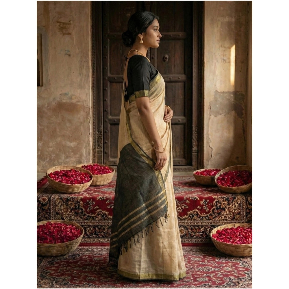 Women's Cotton Printed Saree With Unstitched Blouse 5.5 Mtr (Beige)