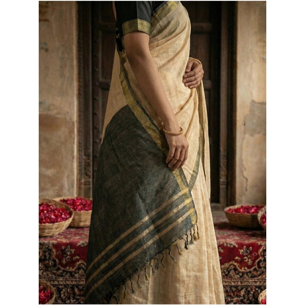 Women's Cotton Printed Saree With Unstitched Blouse 5.5 Mtr (Beige)