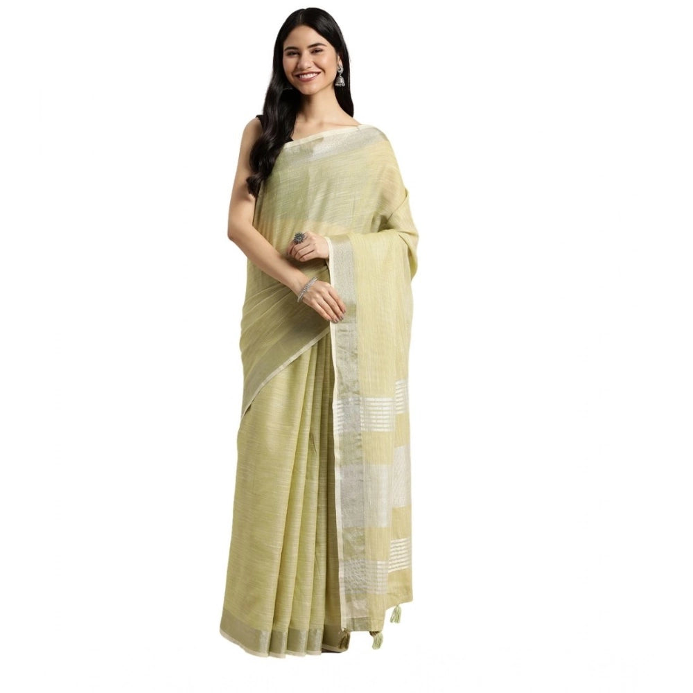 Women's Linen Cotton Printed Saree With Unstitched Blouse 5.5 Mtr (Olive Green)