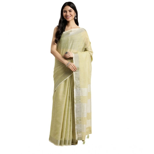 Women's Linen Cotton Printed Saree With Unstitched Blouse 5.5m (Olive Green)