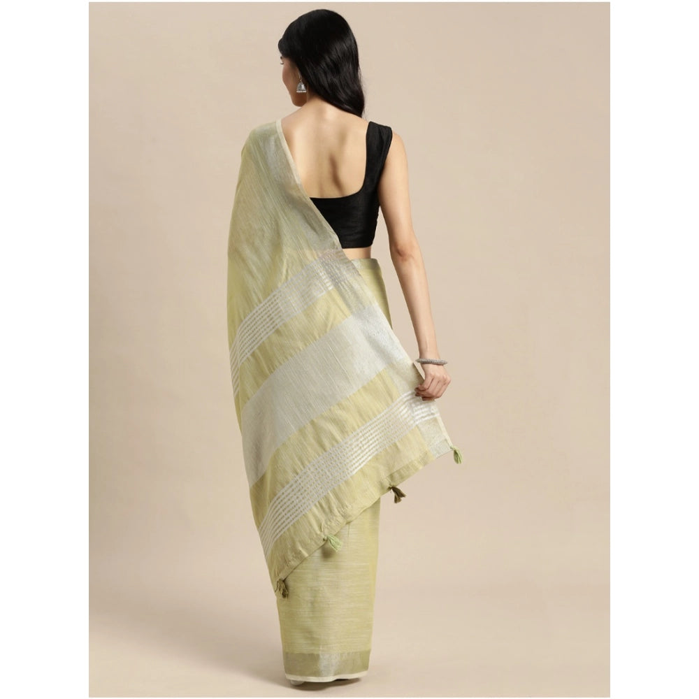 Women's Linen Cotton Printed Saree With Unstitched Blouse 5.5 Mtr (Olive Green)