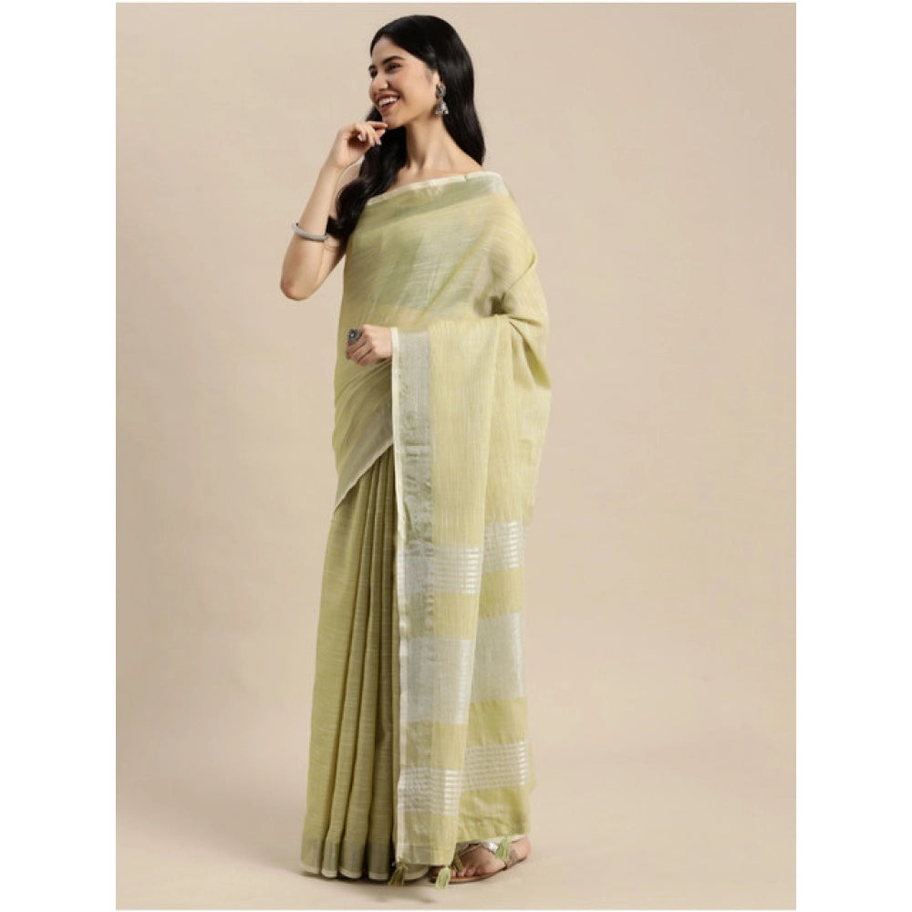 Women's Linen Cotton Printed Saree With Unstitched Blouse 5.5 Mtr (Olive Green)