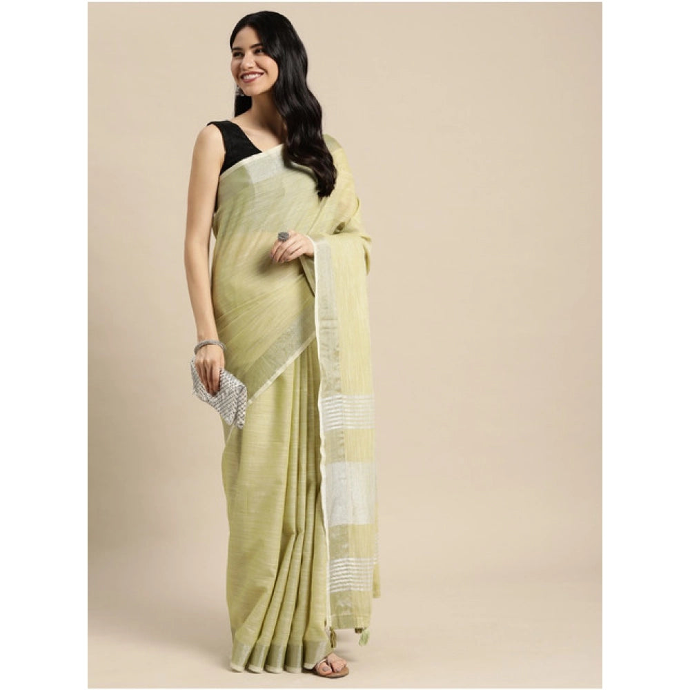Women's Linen Cotton Printed Saree With Unstitched Blouse 5.5 Mtr (Olive Green)