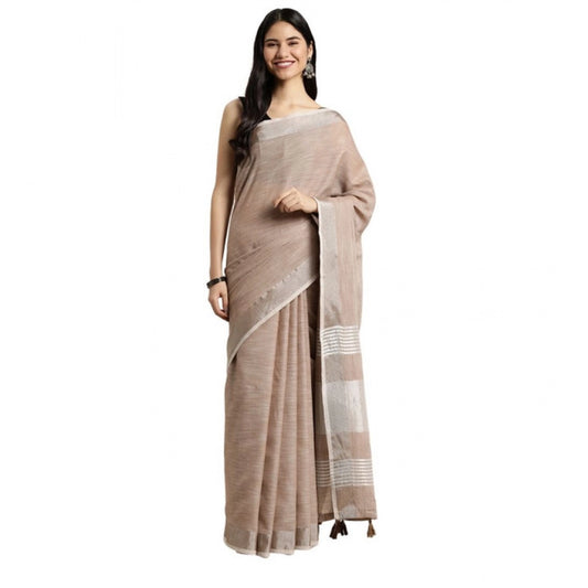 Women's Linen Cotton Printed Saree With Unstitched Blouse 5.5m (Beige)