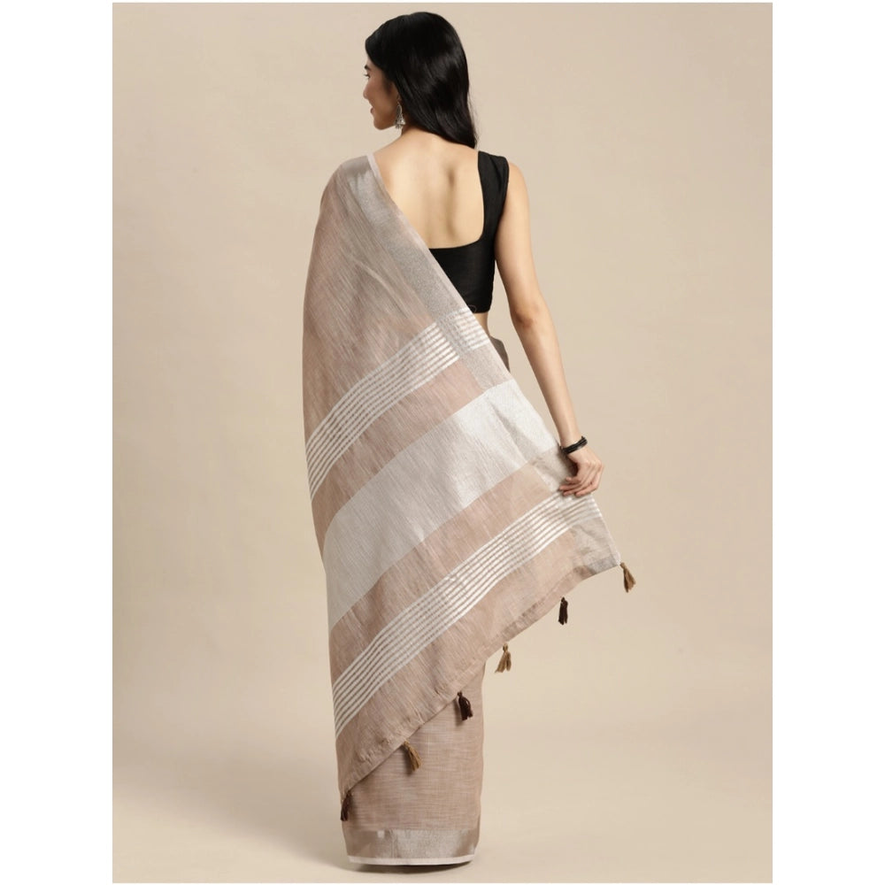 Women's Linen Cotton Printed Saree With Unstitched Blouse 5.5 Mtr (Beige)