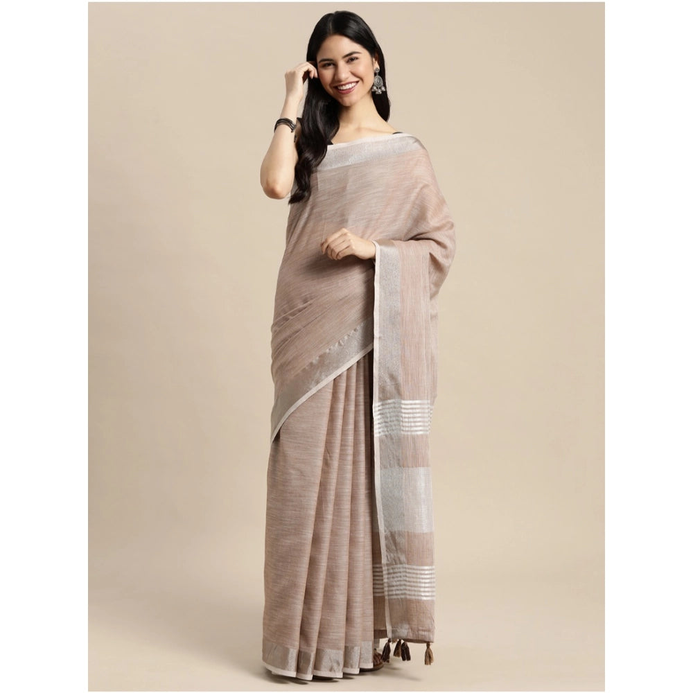 Women's Linen Cotton Printed Saree With Unstitched Blouse 5.5 Mtr (Beige)