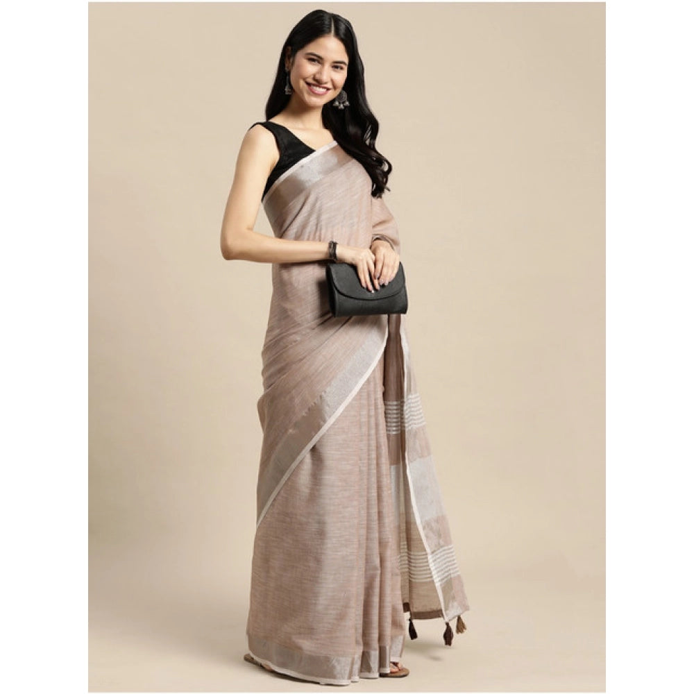 Women's Linen Cotton Printed Saree With Unstitched Blouse 5.5 Mtr (Beige)