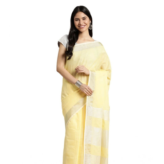 Women's Linen Cotton Printed Saree With Unstitched Blouse 5.5m (Yellow)