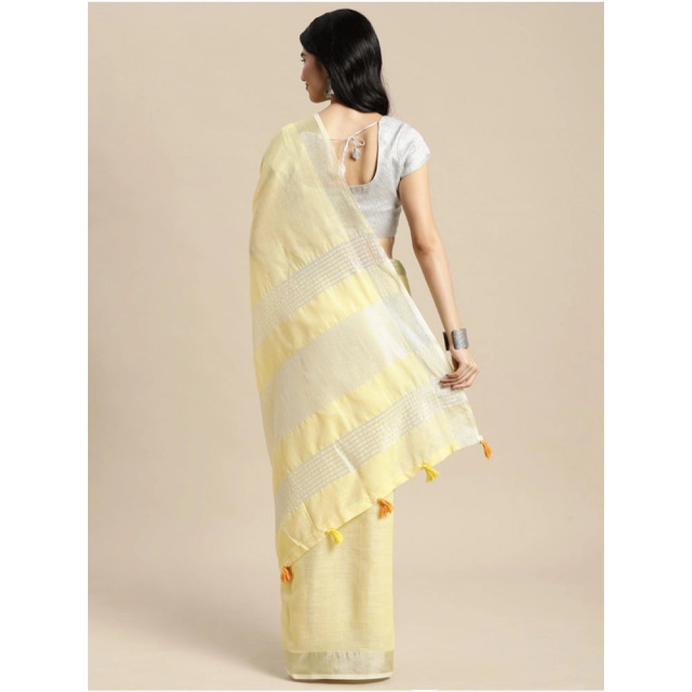 Women's Linen Cotton Printed Saree With Unstitched Blouse 5.5 Mtr (Yellow)