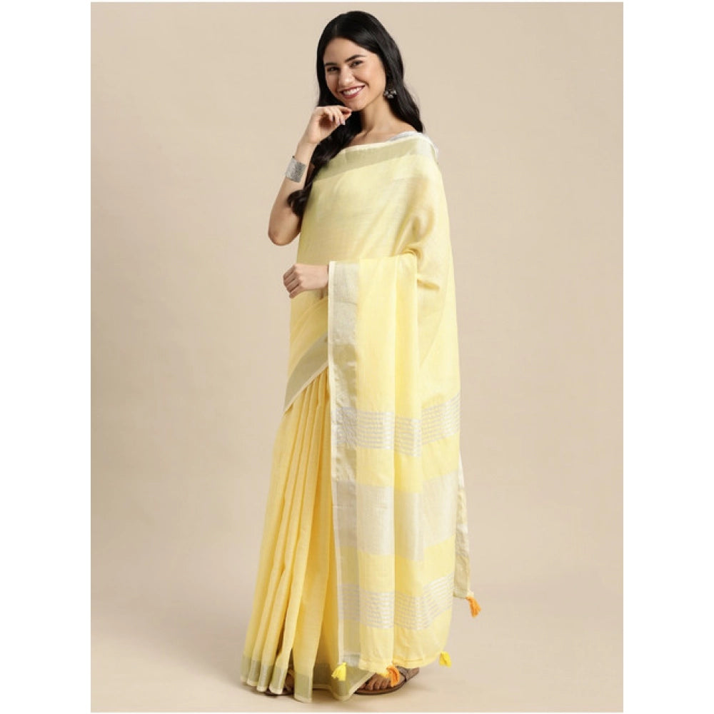 Women's Linen Cotton Printed Saree With Unstitched Blouse 5.5 Mtr (Yellow)