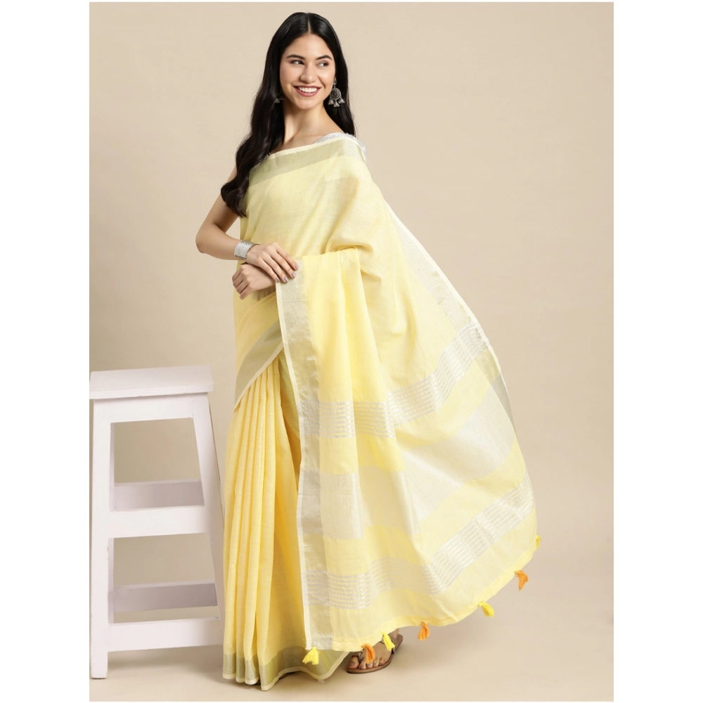 Women's Linen Cotton Printed Saree With Unstitched Blouse 5.5 Mtr (Yellow)