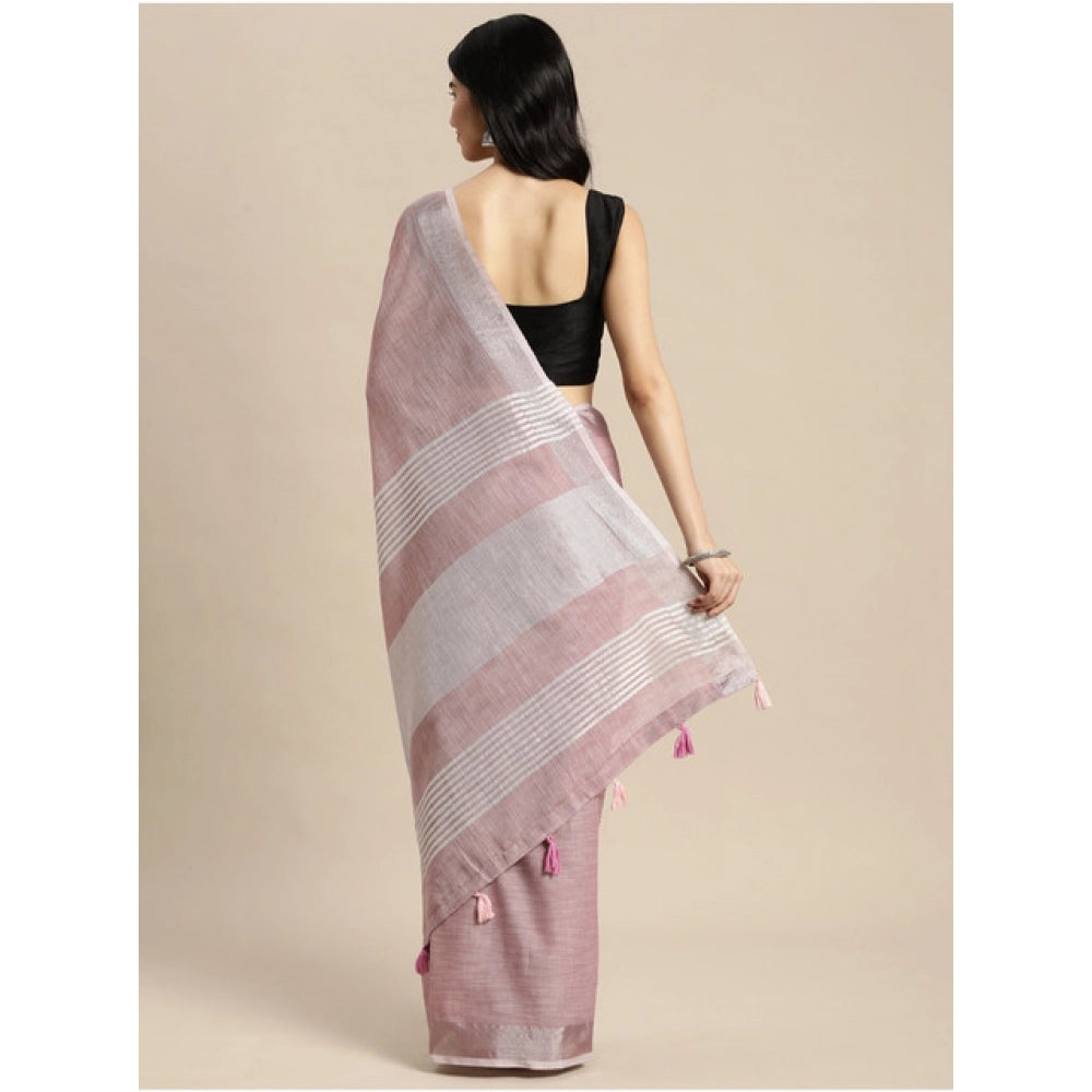 Women's Linen Cotton Printed Saree With Unstitched Blouse 5.5 Mtr (Purple)