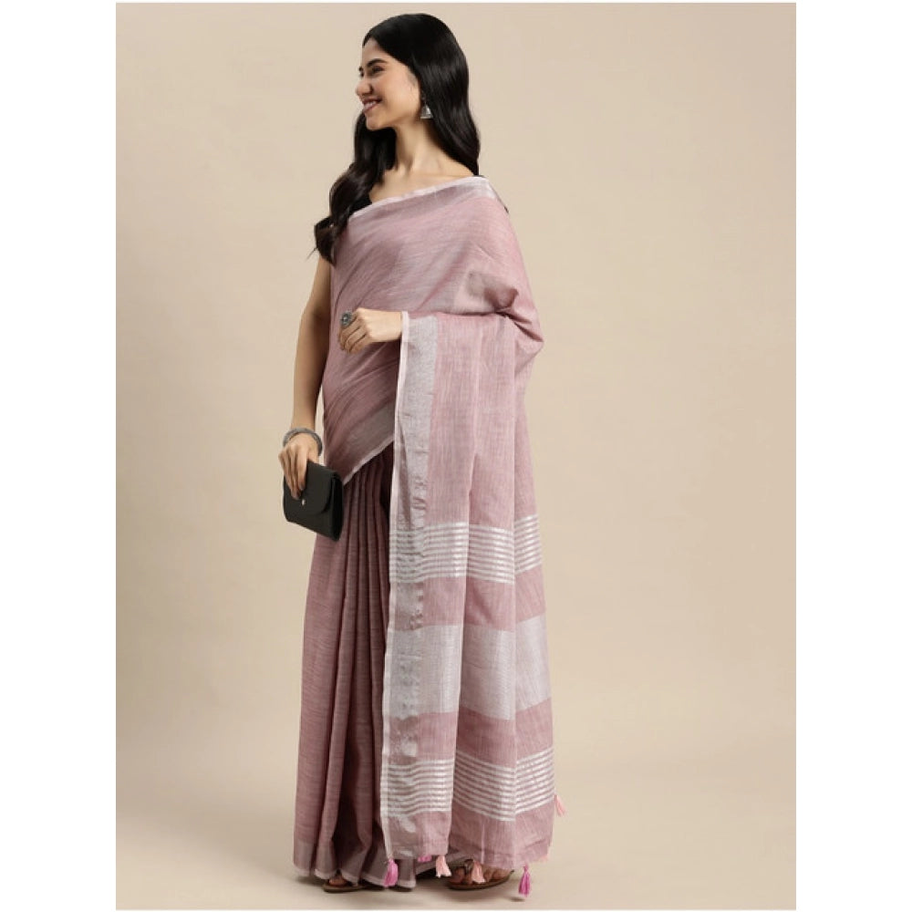 Women's Linen Cotton Printed Saree With Unstitched Blouse 5.5 Mtr (Purple)