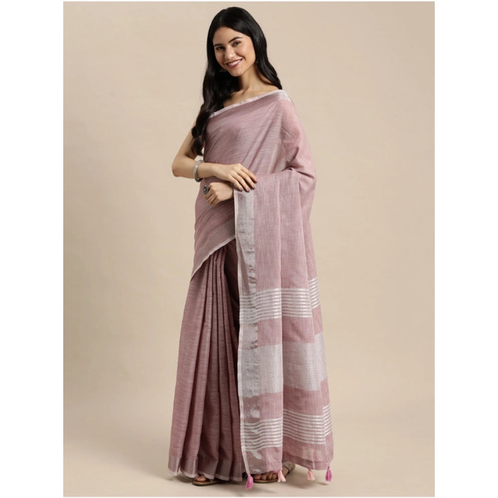 Women's Linen Cotton Printed Saree With Unstitched Blouse 5.5 Mtr (Purple)