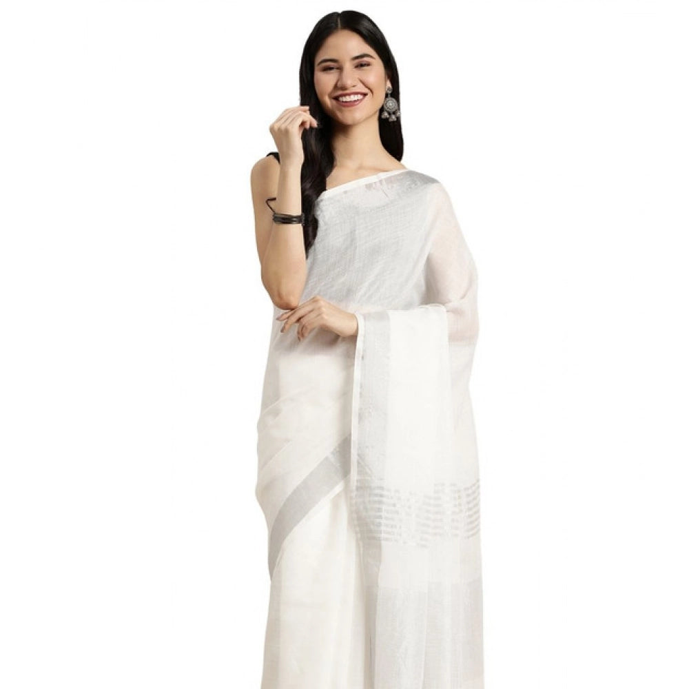 Women's Linen Cotton Printed Saree With Unstitched Blouse 5.5 Mtr (White)
