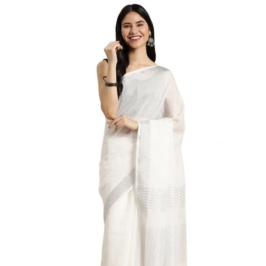 Women's Linen Cotton Printed Saree With Unstitched Blouse 5.5m (White)