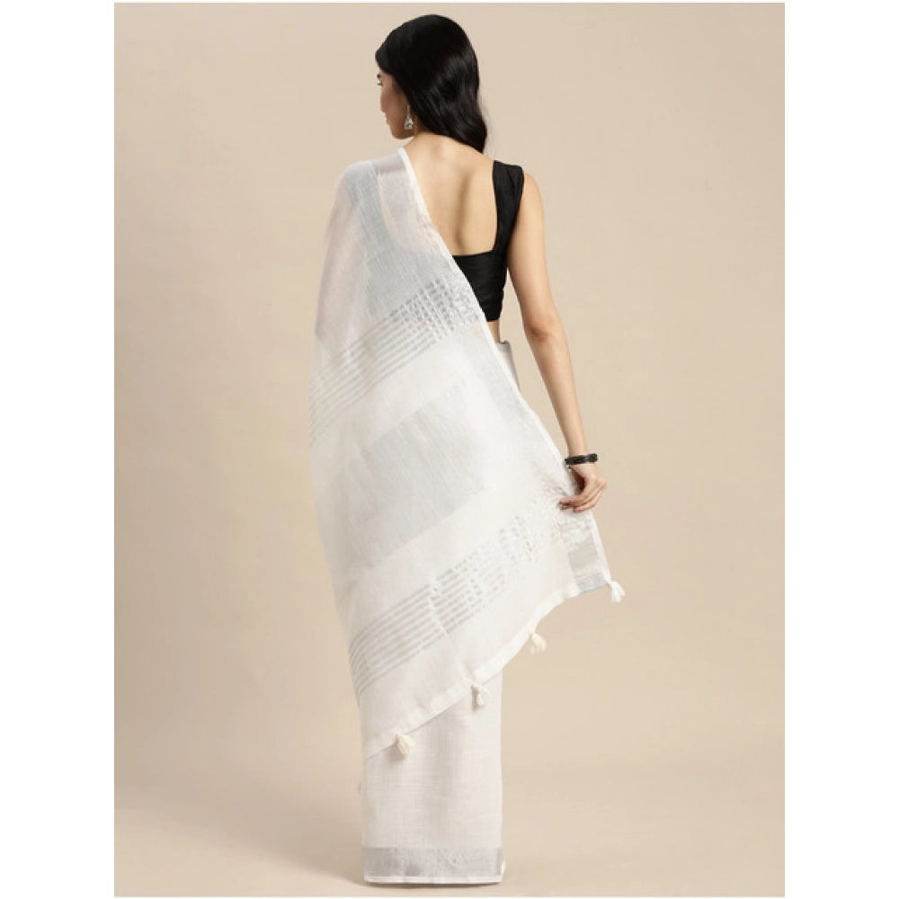 Women's Linen Cotton Printed Saree With Unstitched Blouse 5.5 Mtr (White)