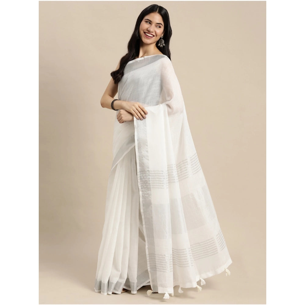 Women's Linen Cotton Printed Saree With Unstitched Blouse 5.5 Mtr (White)